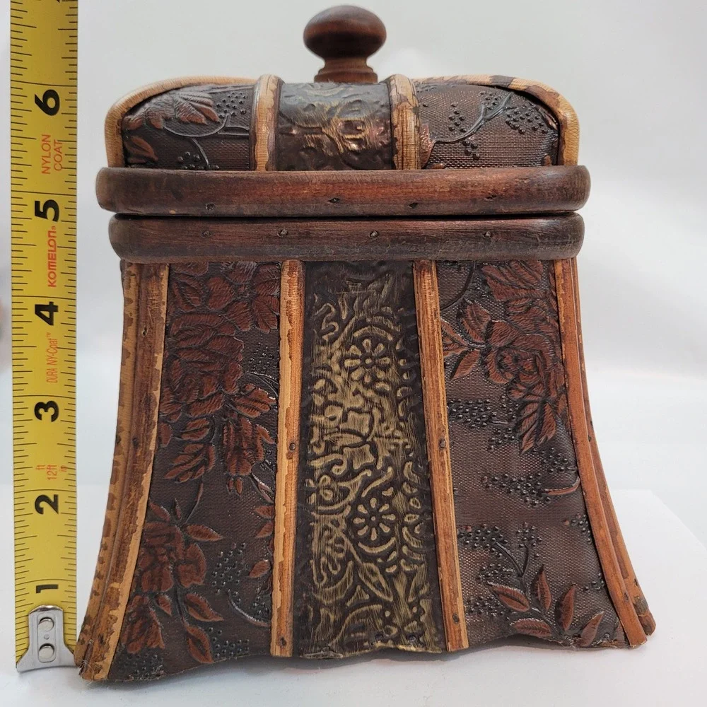 Vintage Decorative Keepsake Box Brown Floral Embossed Bamboo Trim Flared